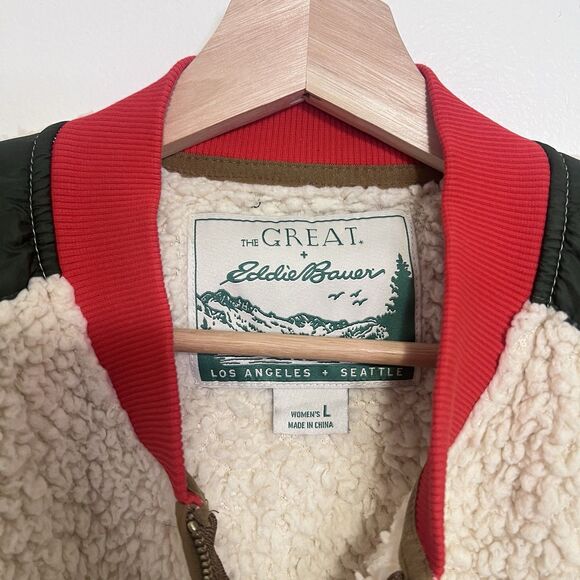 THE GREAT x Eddie Bauer Colorblock Sherpa Fleece Jacket Women’s L Zip Up Outdoor - Picture 4 of 9
